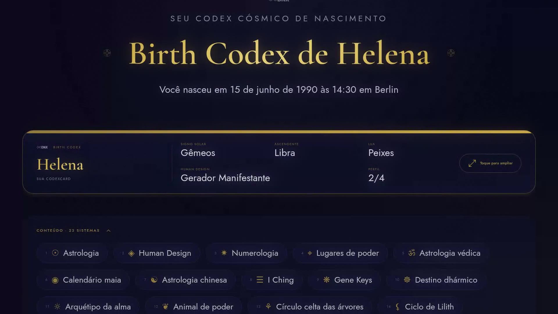 Um vislumbre do seu Birth Codex