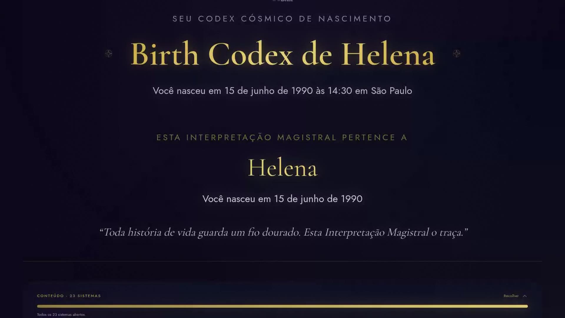 Um vislumbre do seu Birth Codex